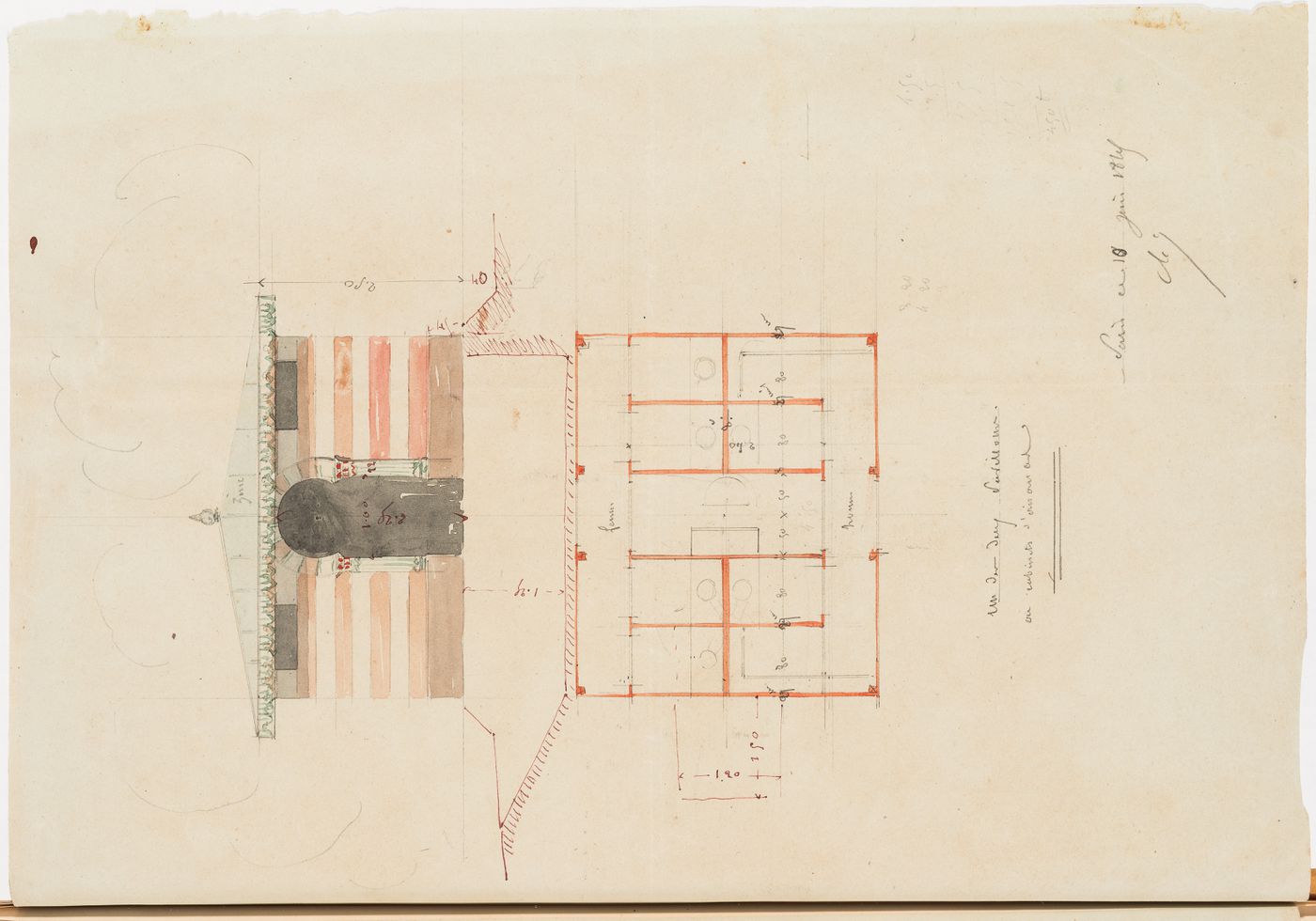 Hippodrome national, Paris: Elevation and plan for washrooms