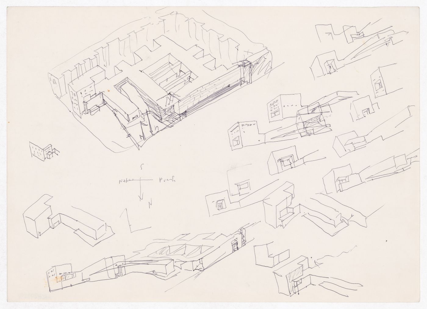Sketch axonometrics and perspectives for Centro Cultural de la Defensa - 1º Fase - 2º Fase, Madrid, Spain