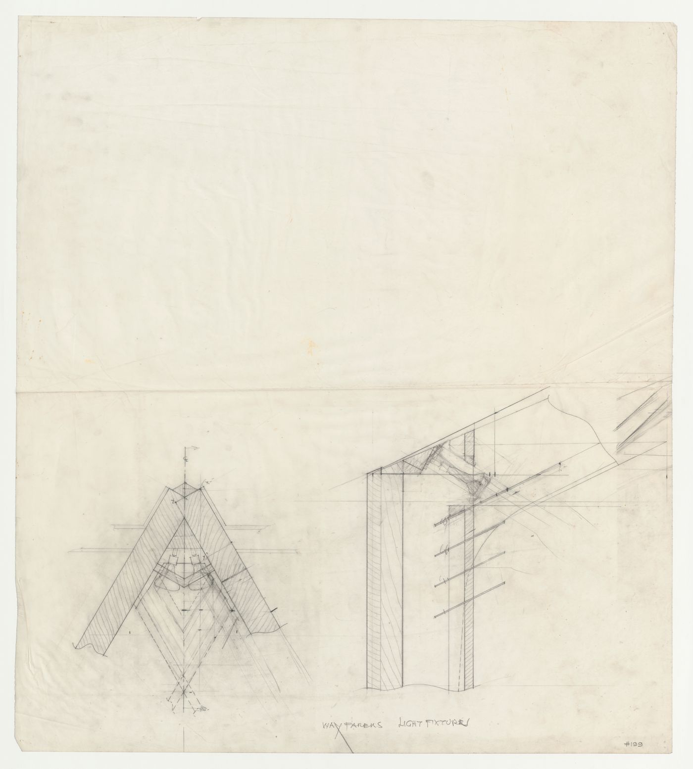 Wayfarers' Chapel, Palos Verdes, California: Cross section and section for interior truss lighting fixtures for the chapel