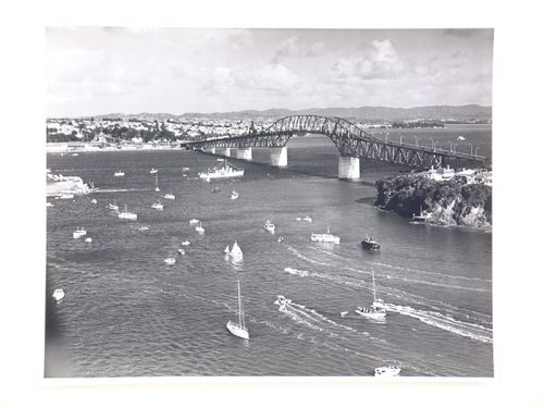 Aerial view of the Auckland Harbour Bridge, over the Waitematā Harbour, Auckland, New Zealand