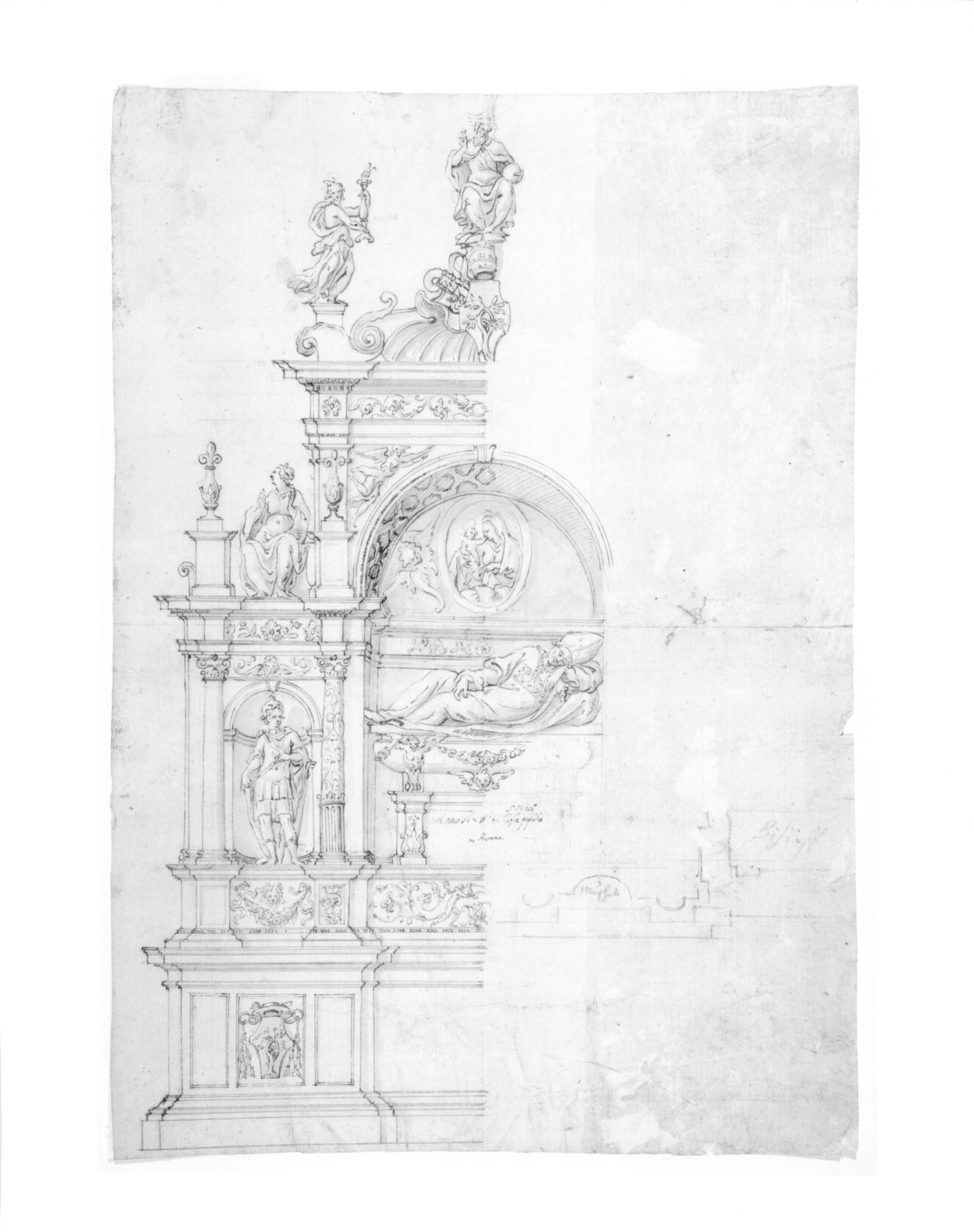 Perspective and partial plan of a cardinal's tomb