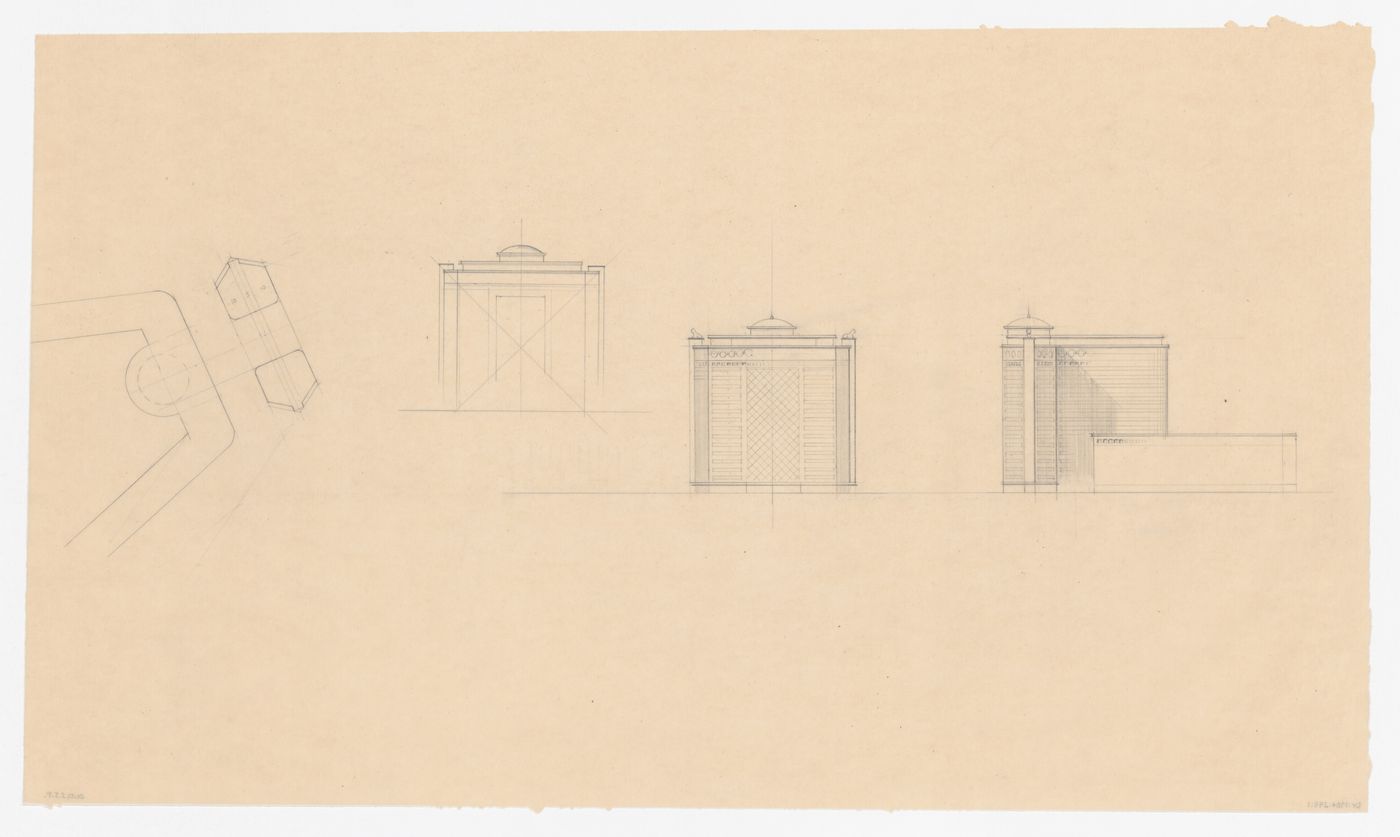 Plan and principal and lateral elevations for Industriegebouw Plan A for the reconstruction of the Hofplein (city centre), Rotterdam, Netherlands