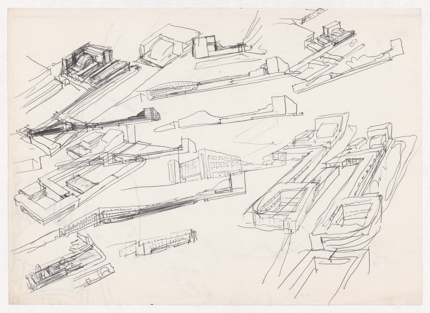 Sketch perspectives and axonometric views for Centro Cultural de Sines, Sines, Portugal; verso: Sketch