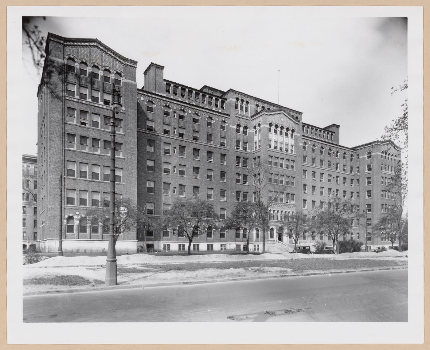 View of principal façade of the Brush Street Wing from across the street, Harper Hospital (now the Harper University Hospital), Brush Street, Detroit, Michigan