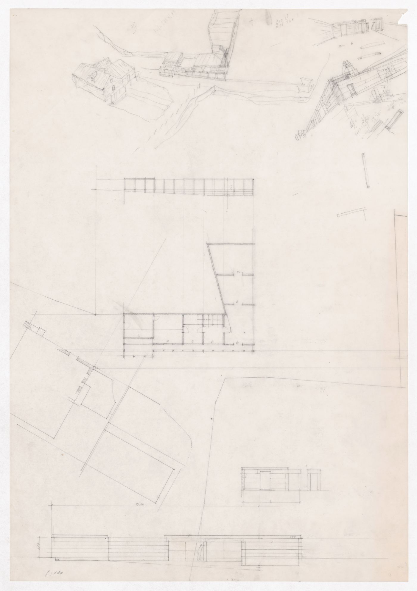 Plans, sections and sketch perspectives for Casa J. M. Teixeira, Quinta do Forno, Briteiros - Guimarães, Portugal