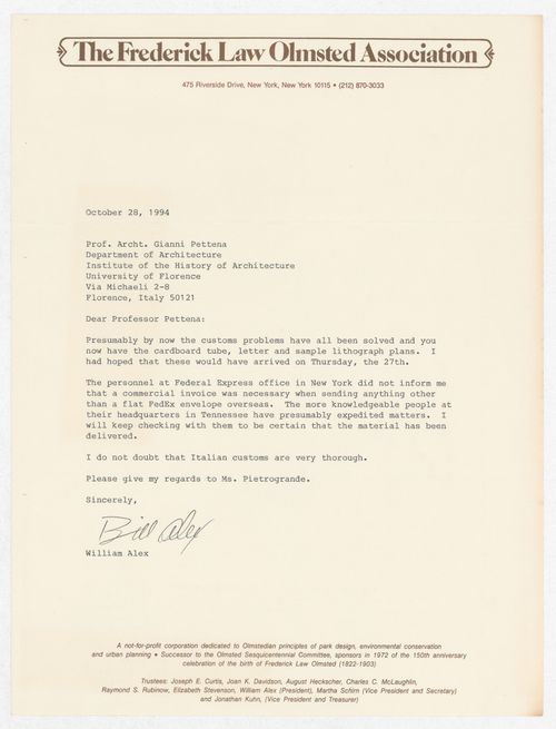 Correspondence with William Alex from The Frederick Law Olmsted Association for the exhibition Olmsted: L'origine del parco urbano e del parco naturale contemporaneo