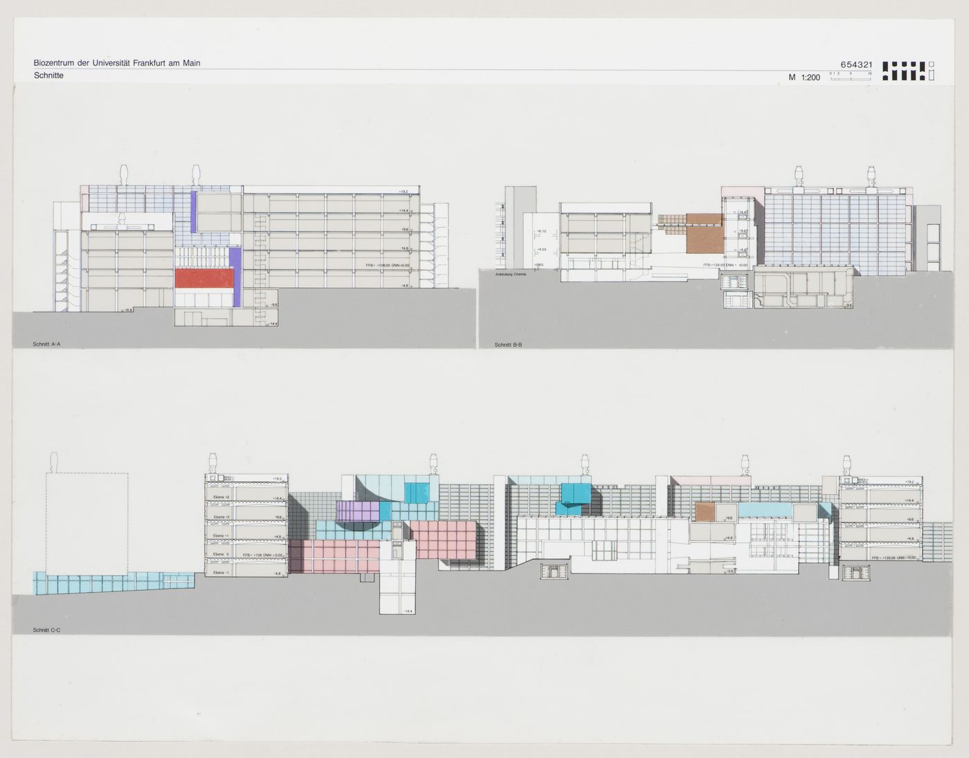 South-north and east-west sections, Biozentrum - Biology Center for the J.W. Goethe University, Frankfurt am Main, Germany