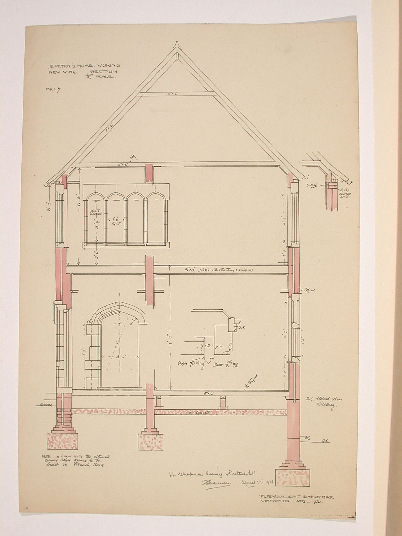 St. Peter's Home, Woking: Section and details for the new wing, with a section for the door jamb