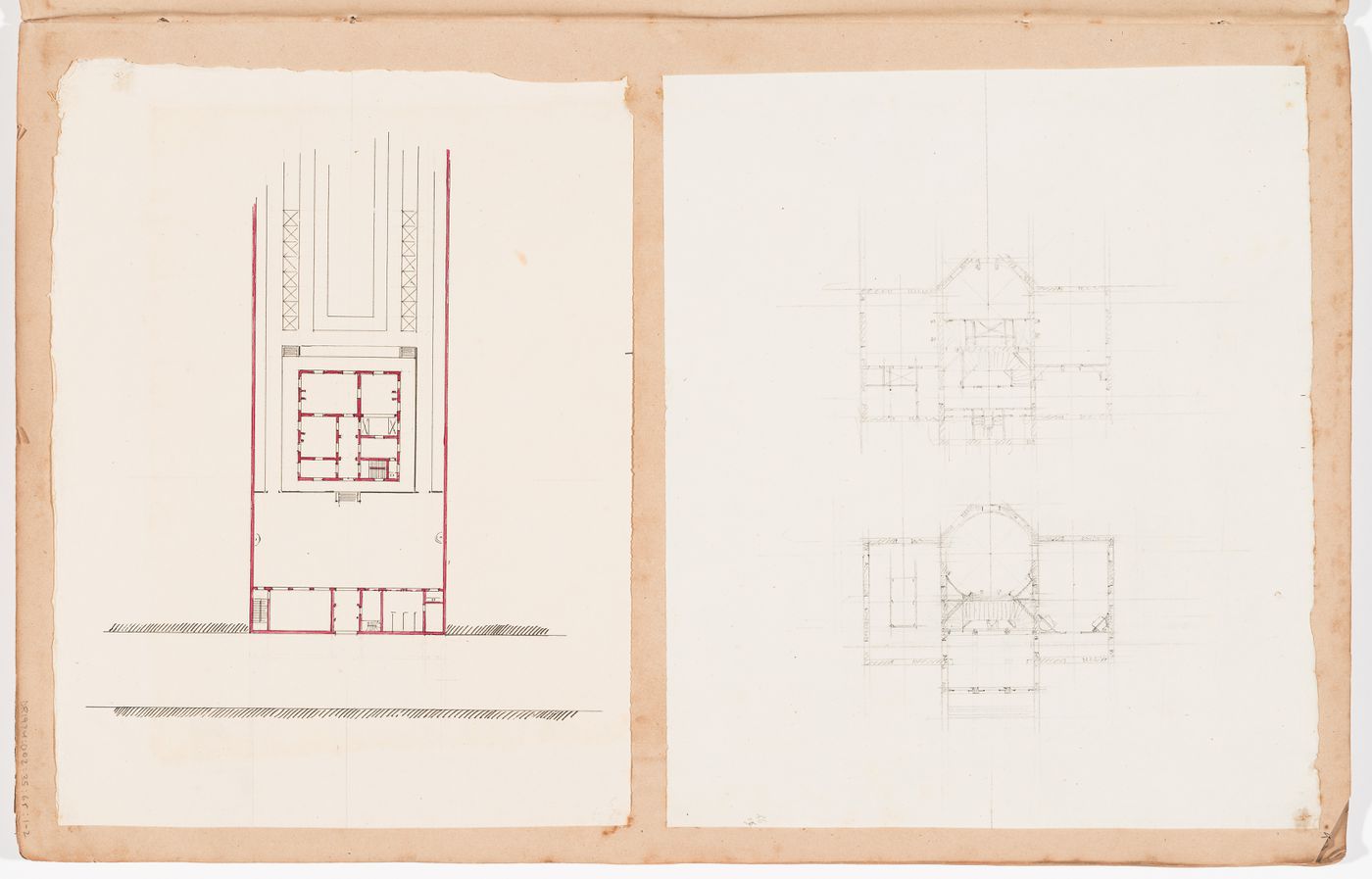 Plans for an unidentified house and site plans for a house, possibly on rue d'Aguesseau; verso: Sketch plan for a house on rue d'Aguesseau, Paris