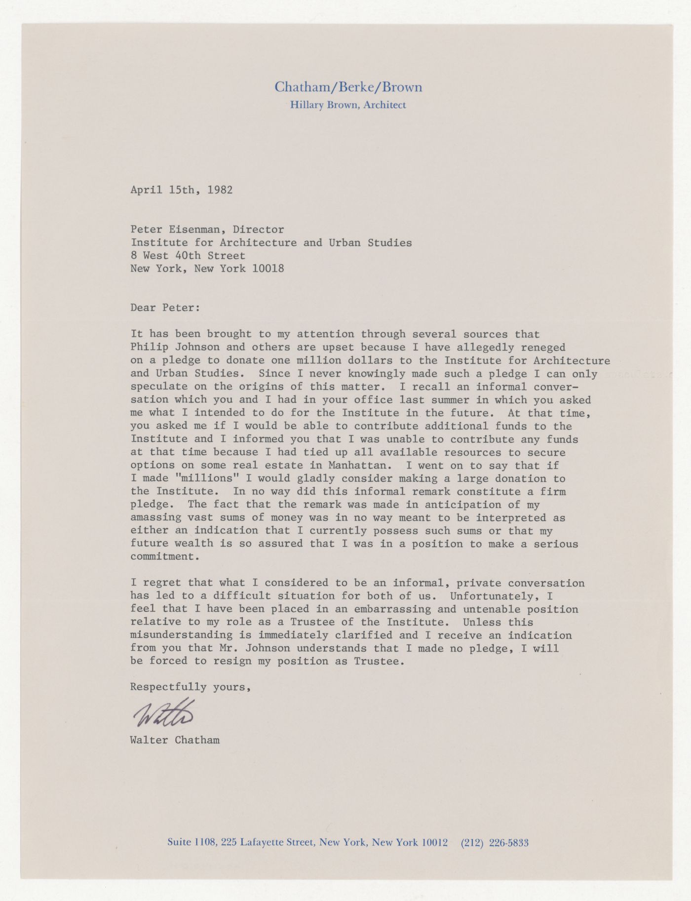 Letter from Walter Chatham to Peter D. Eisenman about funding