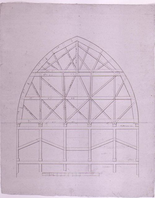 Structural drawing showing the trusses for the altar wall window for Notre-Dame de Montréal