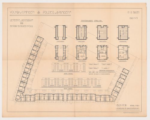 Plans, framing plans, and partial elevations for Block 5, Spangen Housing Estate, Rotterdam, Netherlands