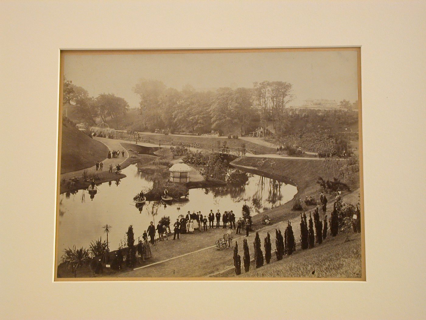 View of landscaped parkwith bridge, rowing pond, gazebo's, etc., Hamburg, Germany