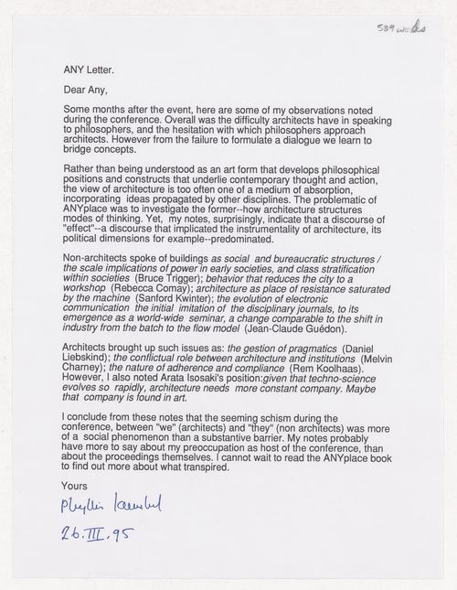 Letter from Phyllis Lambert to Any following the Anyplace conference