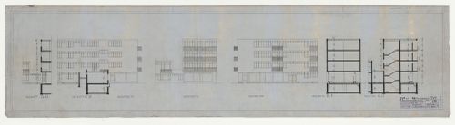 West, south, and east elevations, and sections for a type E housing unit, Hellerhof Housing Estate, Frankfurt am Main, Germany