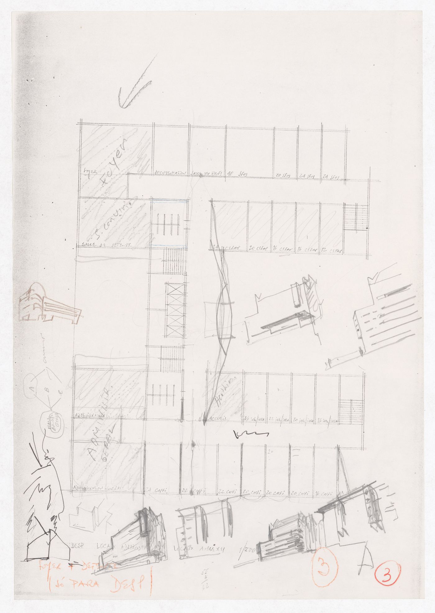 Sketch floor plan and perspectives for Plano Urbanístico Boulevard Brune, Paris, France