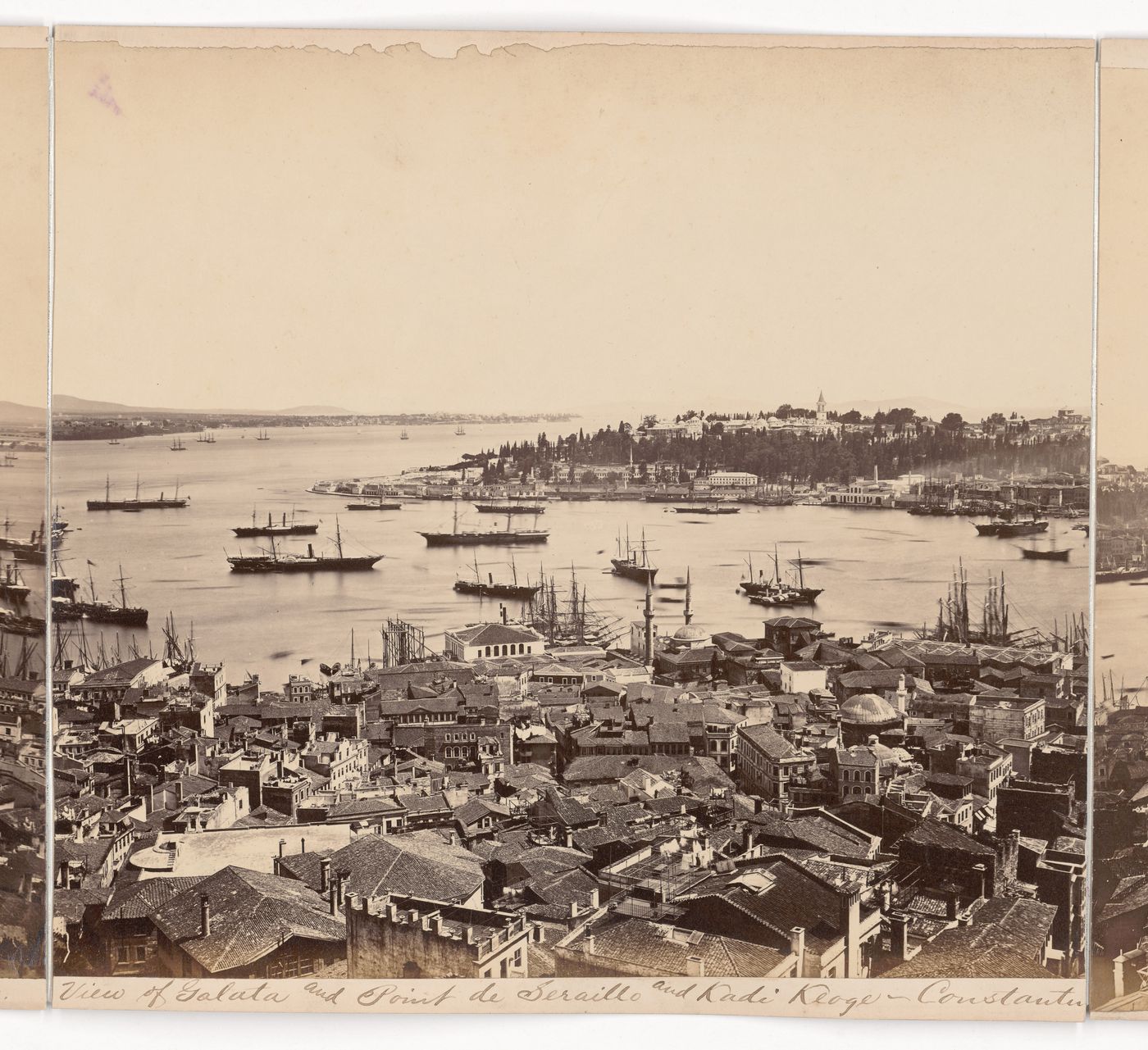 Partial view of Constantinople showing the Haliç (also known as the Golden Horn), the Sea of Marmara and Topkapi Palace with Galata in the foreground, from the Galata Tower, Ottoman Empire (now in Turkey)