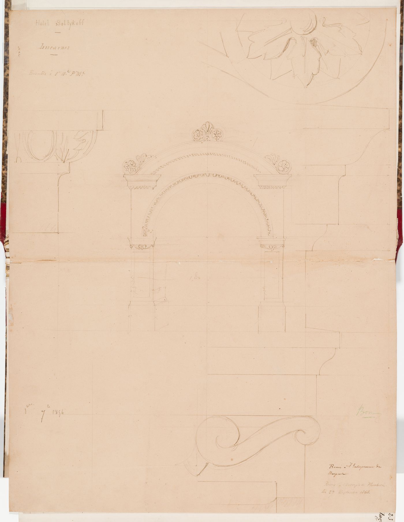 Elevation and full-scale details for the dormer windows for the principal façade, Hôtel Soltykoff