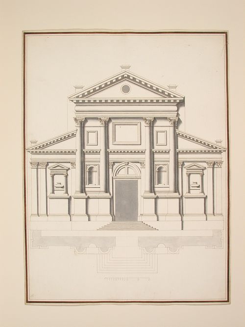 Plan and elevation of the facade of a church