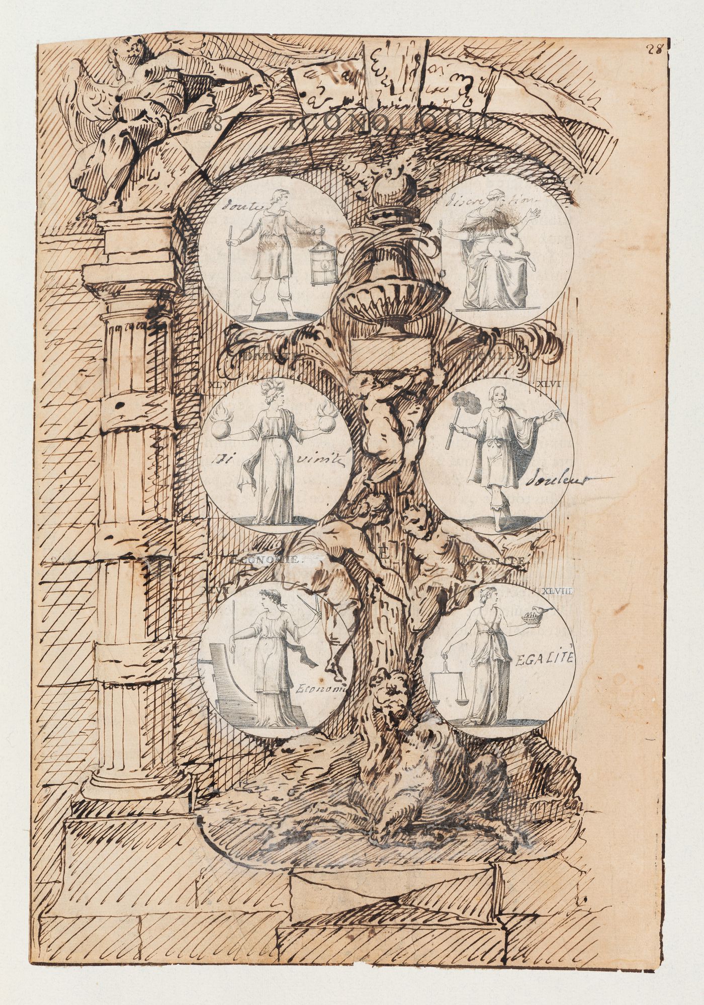 Design for a portal with ornamentation drawn on a printed folio of the 1636 French edition of Cesare Ripa's "Iconologie"