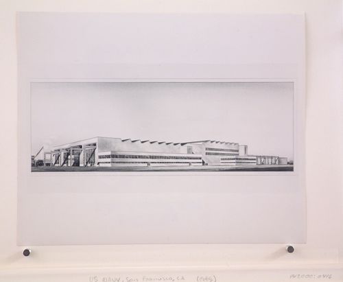 Photograph of a perspective drawing for or of the Shipfitters' Shop, United States Naval Air Base, Hunter's Point, San Francisco, California
