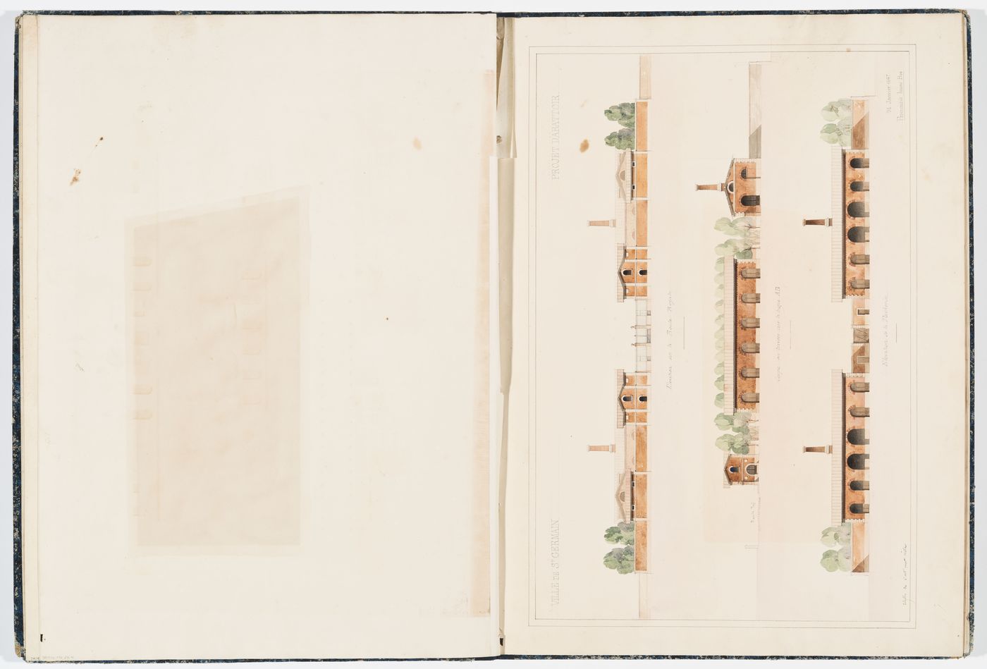 Elevation for the principal façade of the municipal slaughterhouse and cross section, showing side elevations of the "loge du concièrge", the "étaux pour les bouchers" and the "porcherie", and a front elevation for the "porcherie"