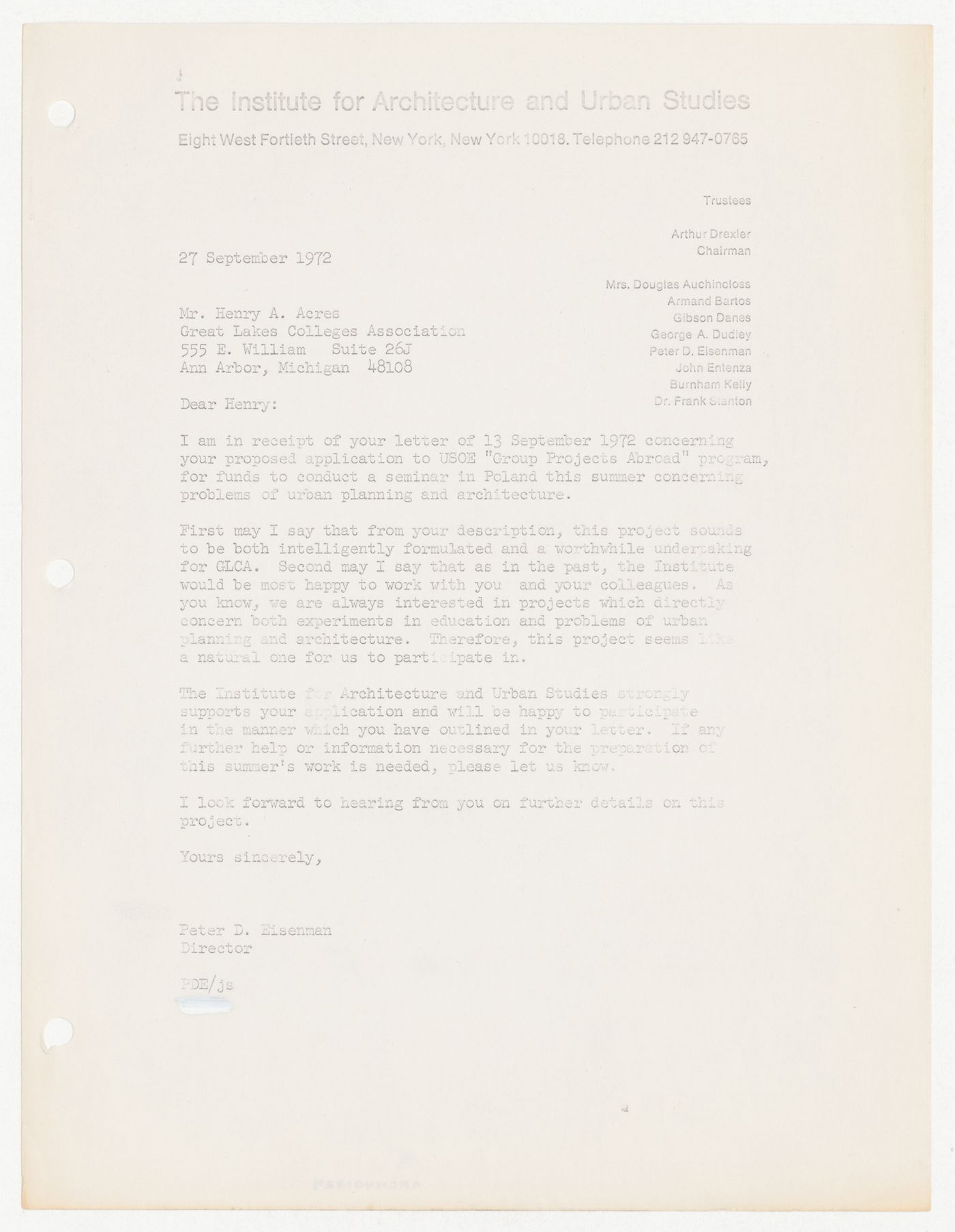 Letter from Peter D. Eisenman to Henry A. Acres about IAUS support for a proposed seminar in Poland