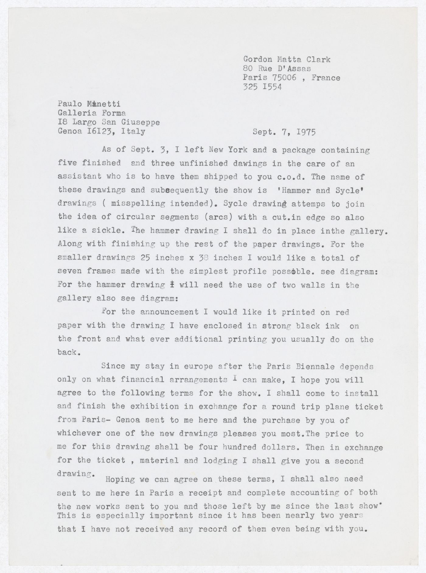 Letter from Gordon Matta-Clark to Paolo Minetti
