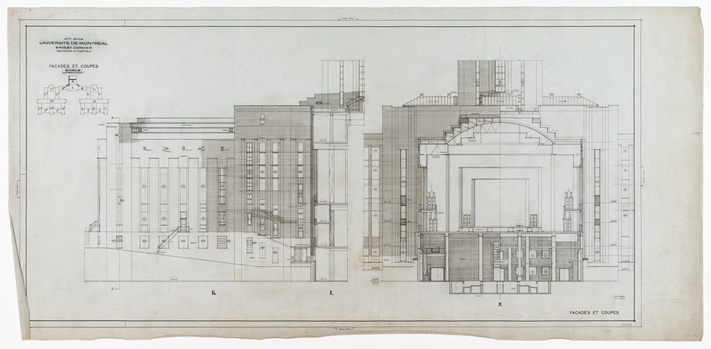 Façades et coupes du pavillon K, Pavillon principal et campus, Université de Montréal, Montréal, Canada (1924-1947)