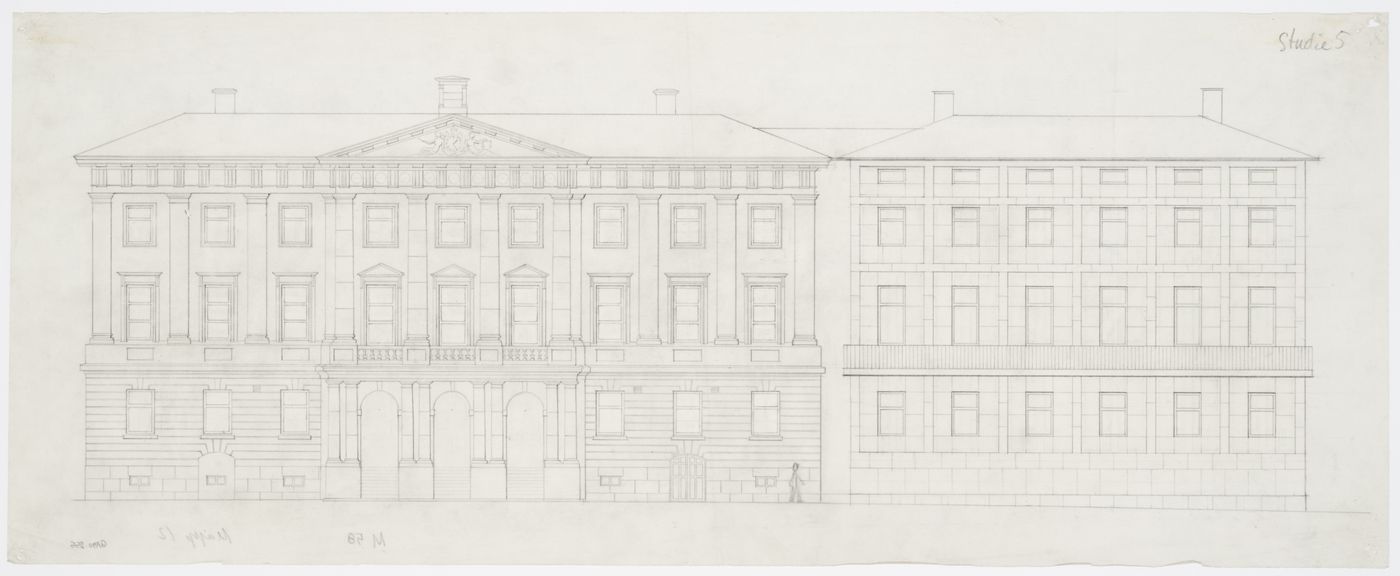Elevation for the principal façade for the 1934-1937 design for Göteborg rådhusets tillbyggnad [courthouse annex] showing the Göteburg rådhus [courthouse], Göteborg, Sweden