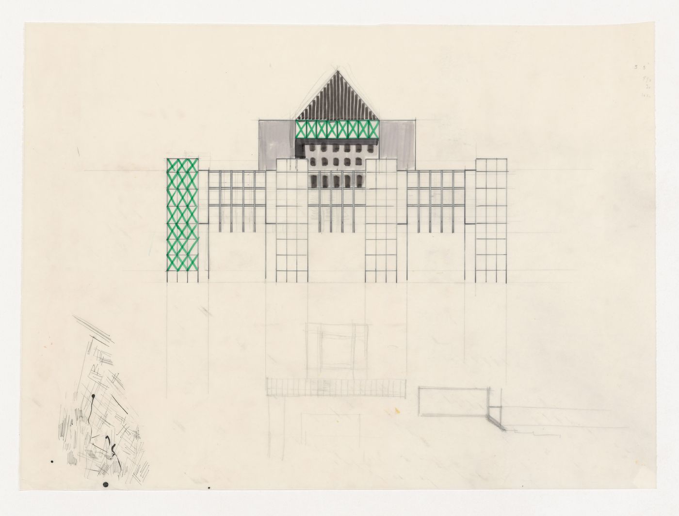 Elevation with sketches for Casa dello studente, Trieste, Italy