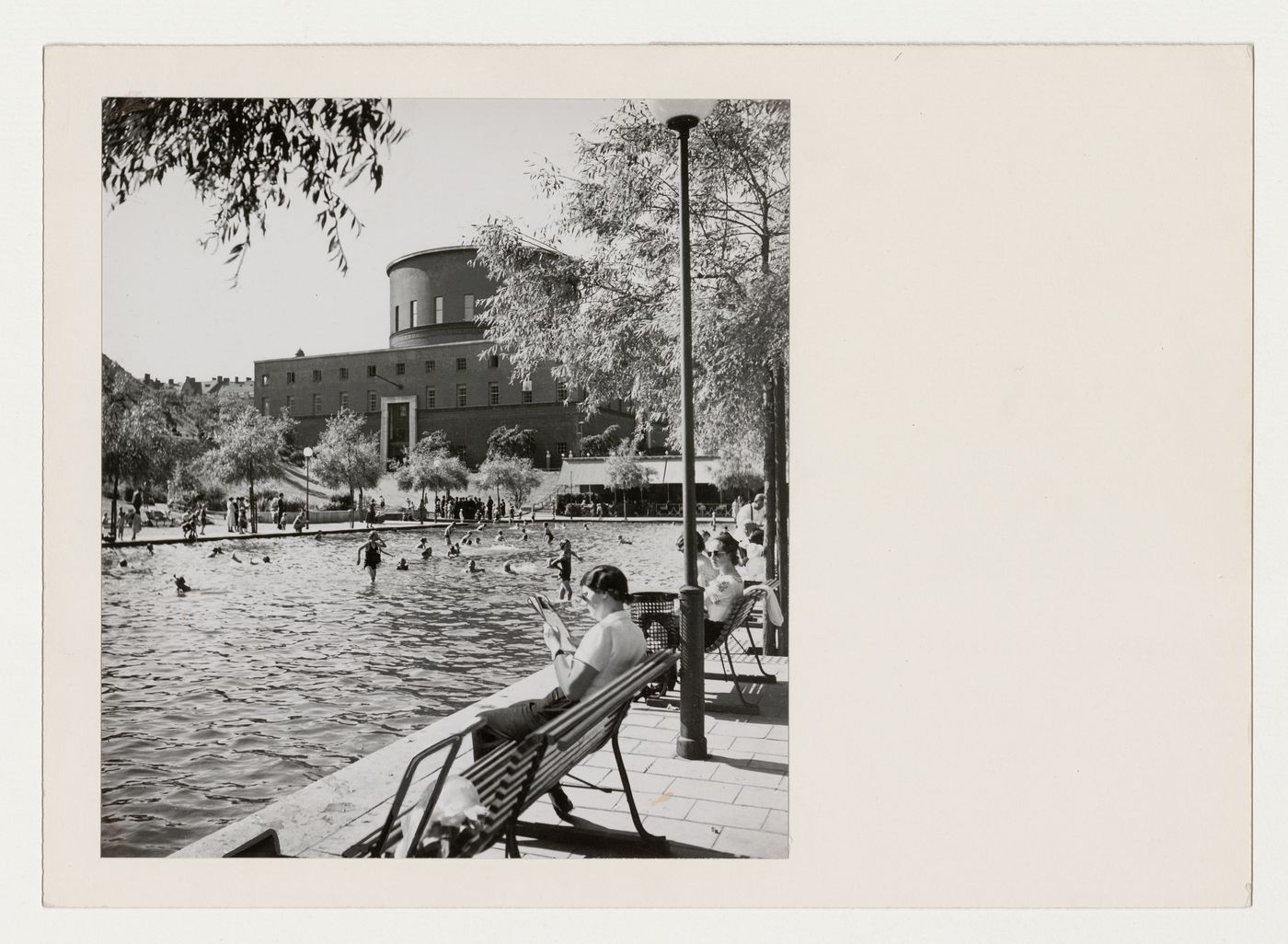 View of the principal façade of Stockholm Public Library showing the pool and walkway, 51-55 Odengatan, Stockholm