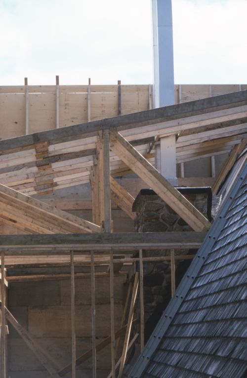 Vue des travaux de construction, Maison du docteur Simon Richer, Nominingue, Québec, Canada