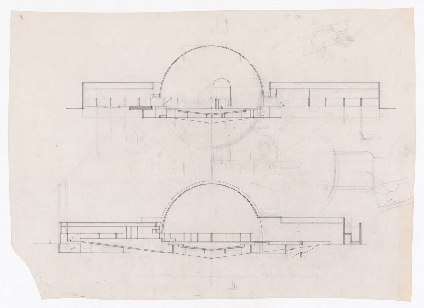 Sections with sketches for Görlitzer Bad swimming pool, Berlin, Germany