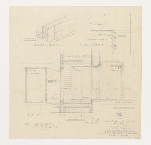 Élévations, coupes et détails des portes intérieures, des cadres de portes en acier et des carreaux de revêtement mural, Imprimerie Nationale du Canada, Hull, Québec, Canada