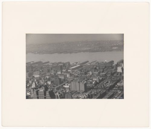 Aerial view of Manhattan showing the Chrysler Building and other skyscrapers and the East River, New York City, New York