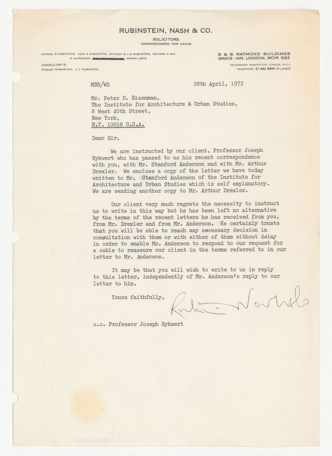 Letter from the firm Rubinstein, Nash & Co. to Peter D. Eisenman about guest lecturer Professor Joseph Rykwert