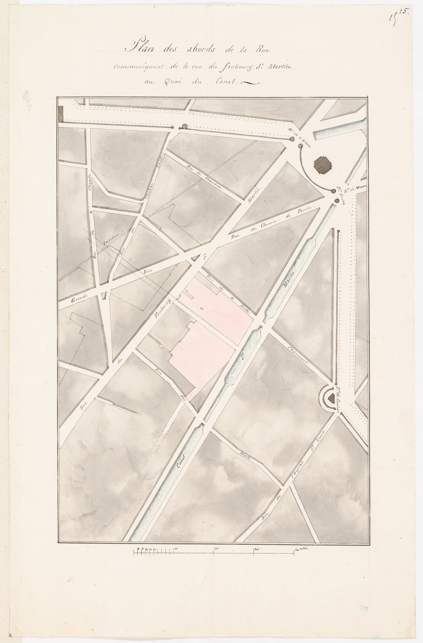 Site plan for the nouveau quartier Poissonnière showing the proposed road connecting rue du Faubourg St-Martin and the quai du Canal St-Martin