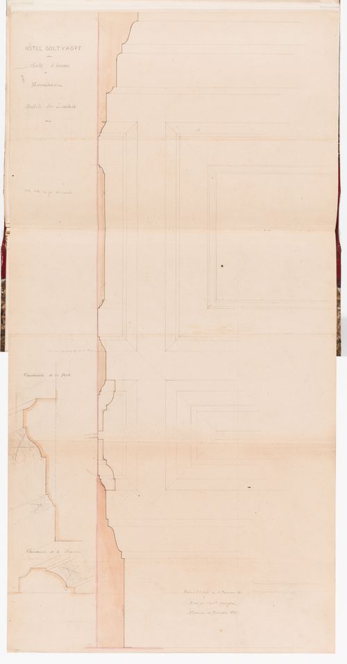 Full-scale profile and details for the panelling and axonometric details for the window and door frames for the "salle d'armes" on the second floor, Hôtel Soltykoff