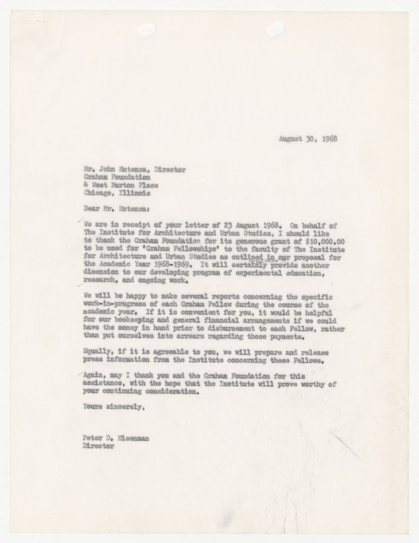Letter from Peter D. Eisenman to John D. Entenza acknowledging receipt of a grant from the Graham Foundation