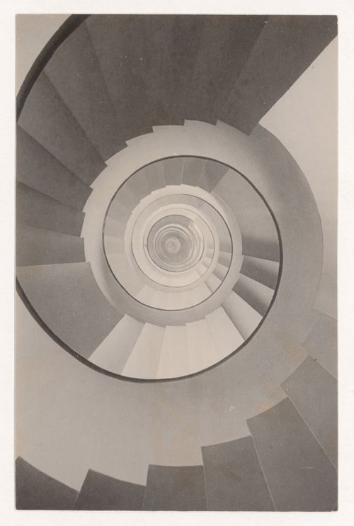 View down the entrance staircase from above at the Martel home and studio on Mallet-Stevens road in the 16th arrondissement, Paris, France