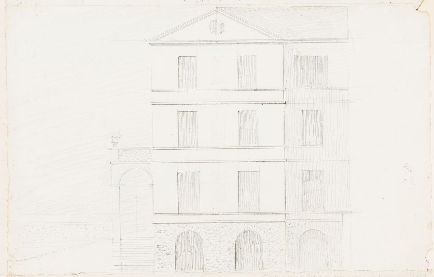 Rohault de Fleury House, 12-14 rue d'Aguesseau, Paris: Elevation for the principal façade; verso: Unidentified sketches