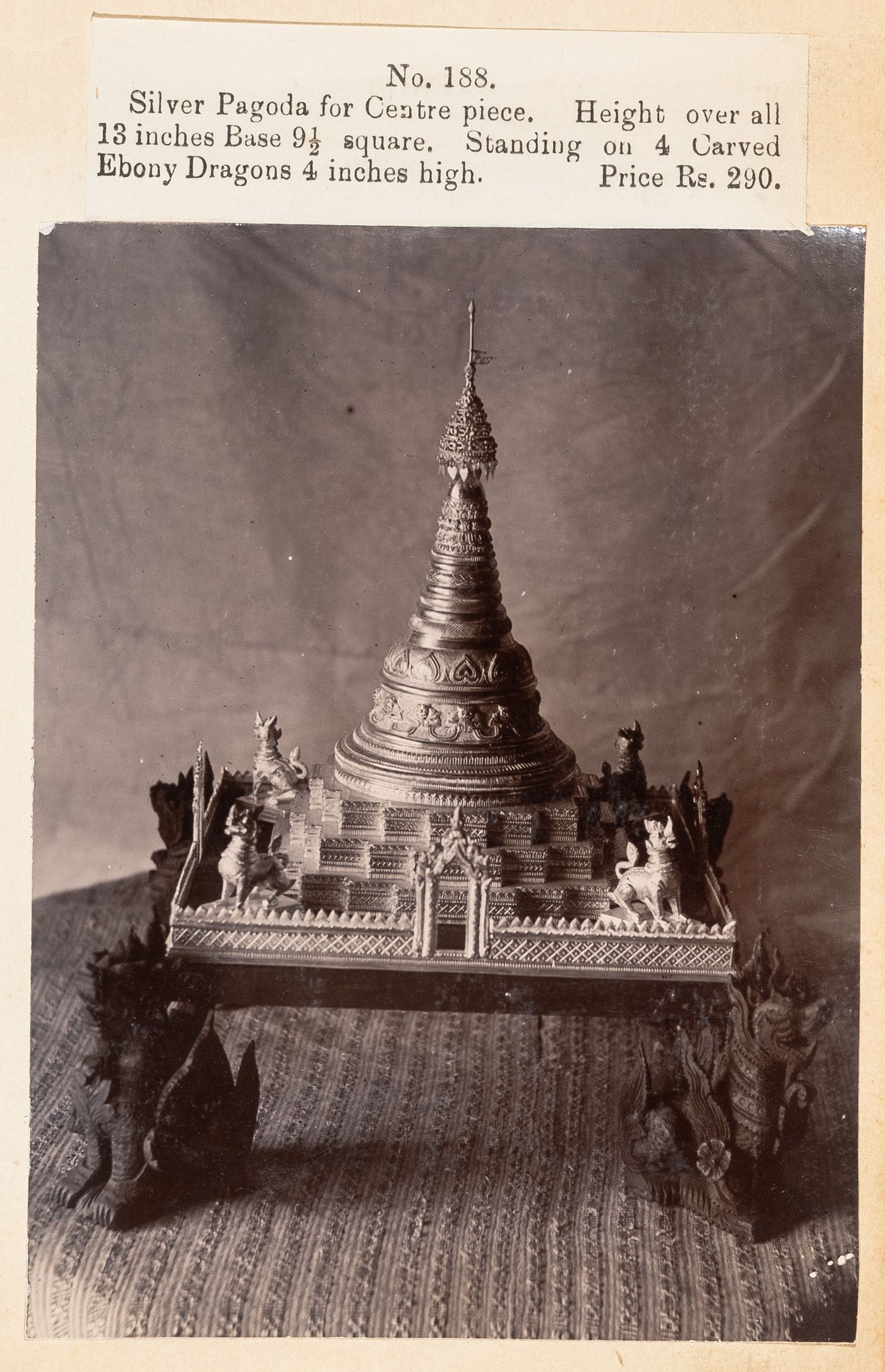 View of centerpieces, F. Beato Limited, C Road, Mandalay, Burma (now Myanmar)