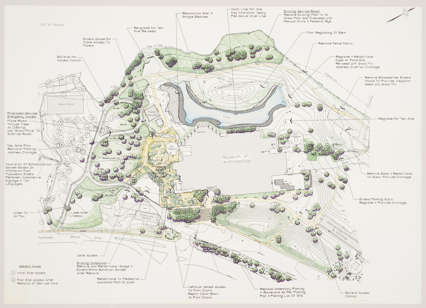 Perspective view of proposed landscape alterations, Museum of Anthropology (restoration of grounds), University of British Columbia, Vancouver, British Columbia