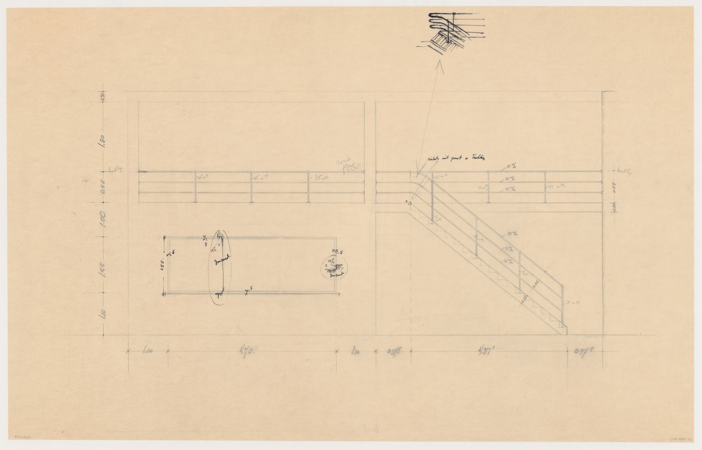 Lateral elevation, partial perspective and details for Johnson House, Pinehurst, North Carolina