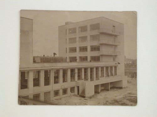 Exterior view of the Bauhaus auditorium, cafeteria, and studio wing under construction, Dessau, Germany
