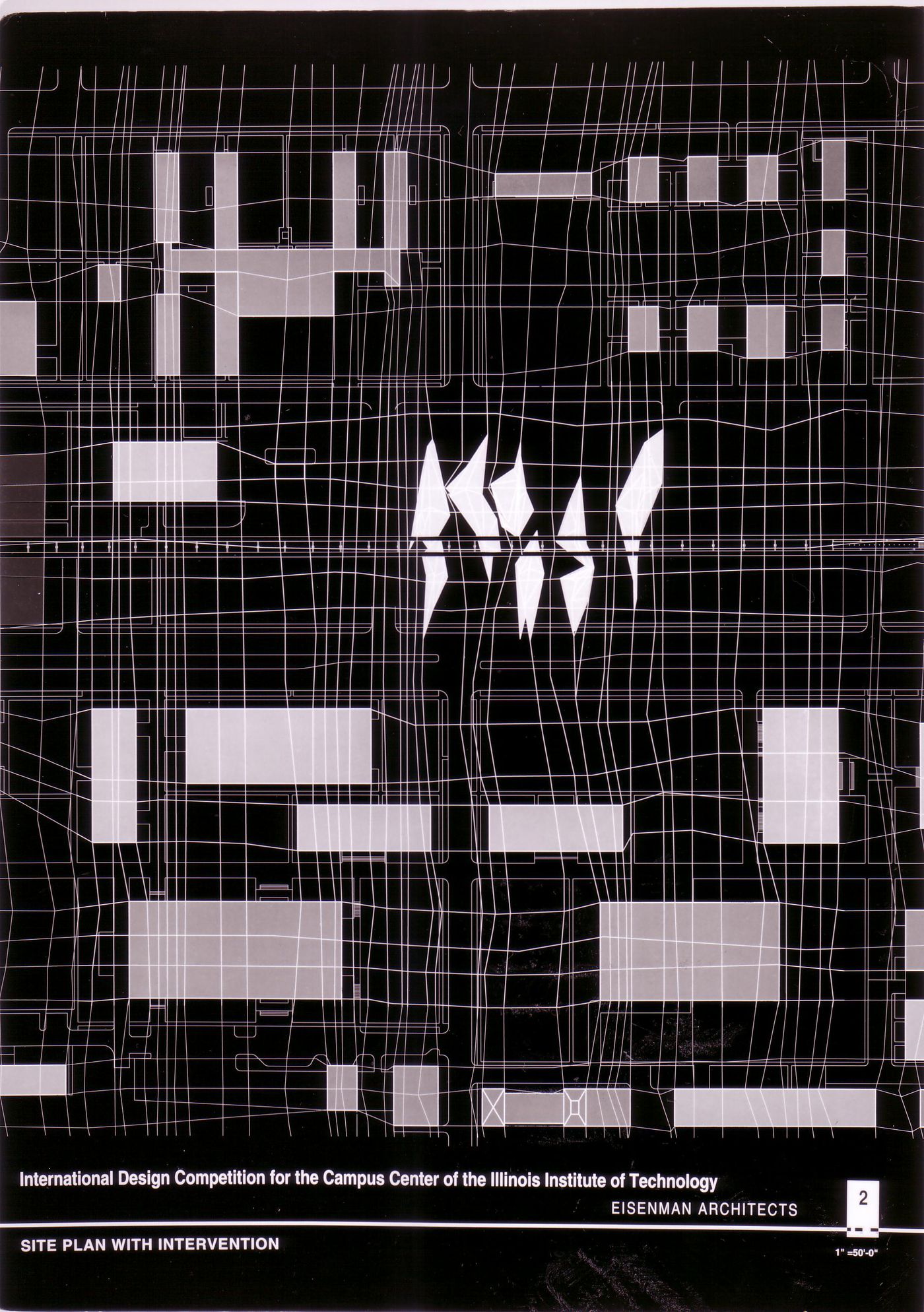 Site plan, submission to the Richard H. Driehaus Foundation International Design Competition for a new campus center (1997-98), Illinois Institute of Technology, Chicago, Illinois