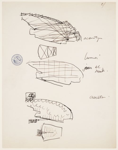 Concept diagrams in longitudinal section and plan of the acoustical, lighting, and air circulation systems of the Great Hall of the Palace of the League of Nations competition, Geneva, Switzerland