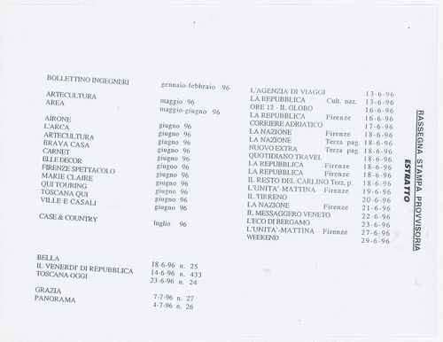 Press reviews list and photocopied clippings for the exhibition Olmsted: L'origine del parco urbano e del parco naturale contemporaneo