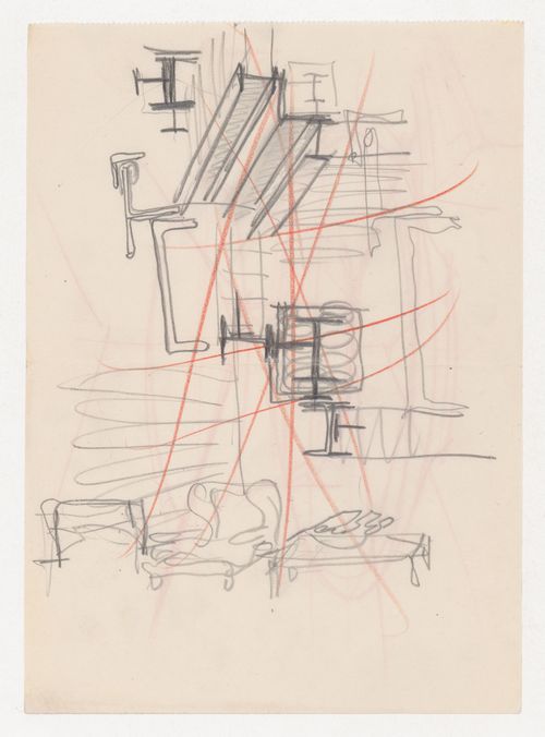 Sketch of a teacup; verso: Study sketches for I-beams and sketch of a chair and table